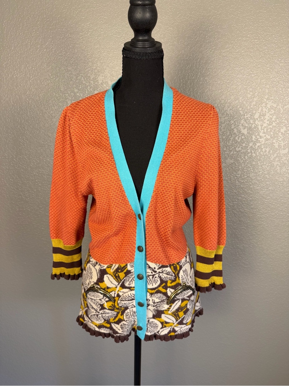 Anthropologie Women’s Orange Cardigan with Turquoise Trim and Floral Hem